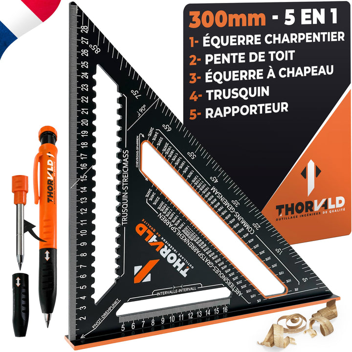 Équerre Charpentier 5-en-1 — 300 mm + Crayon de Chantier