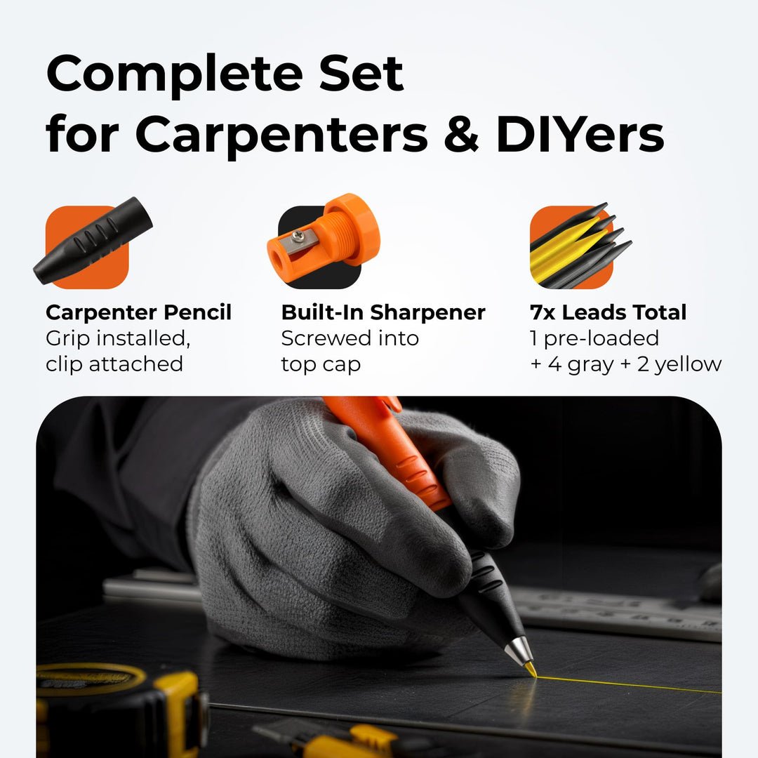 3-in-1 PRO Carpenter Pencil with Finger Grip [7 Leads + Sharpener]