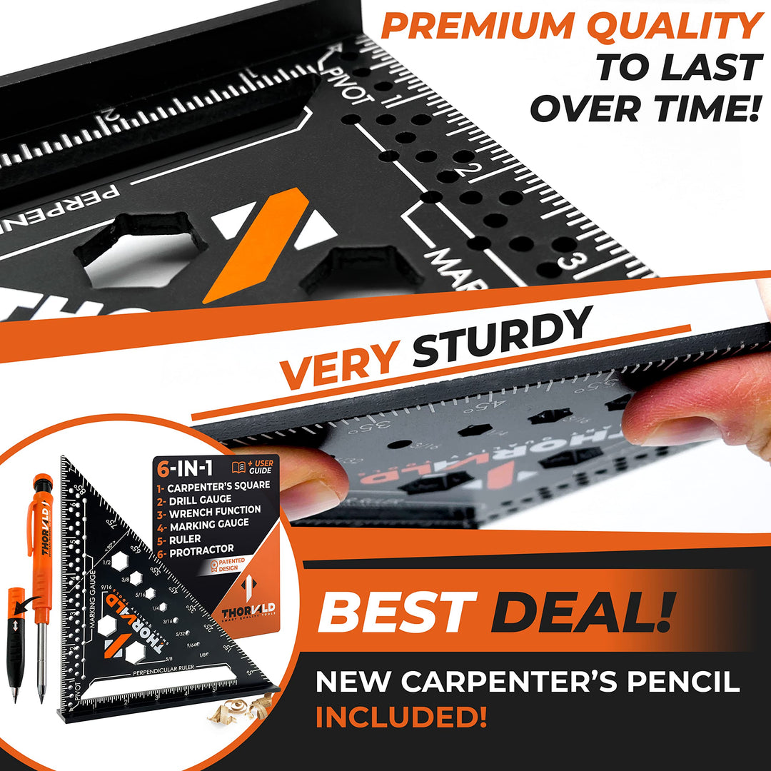 6-in-1 Carpenter Square 7-inch (1/16-inch Precision) [+ Carpenter Pencil]