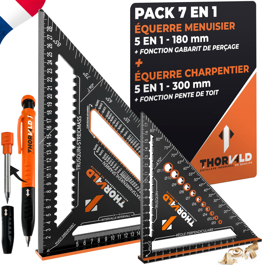 Pack 7-en-1 Thorvald — équerres 180 mm + 300 mm + crayon de chantier