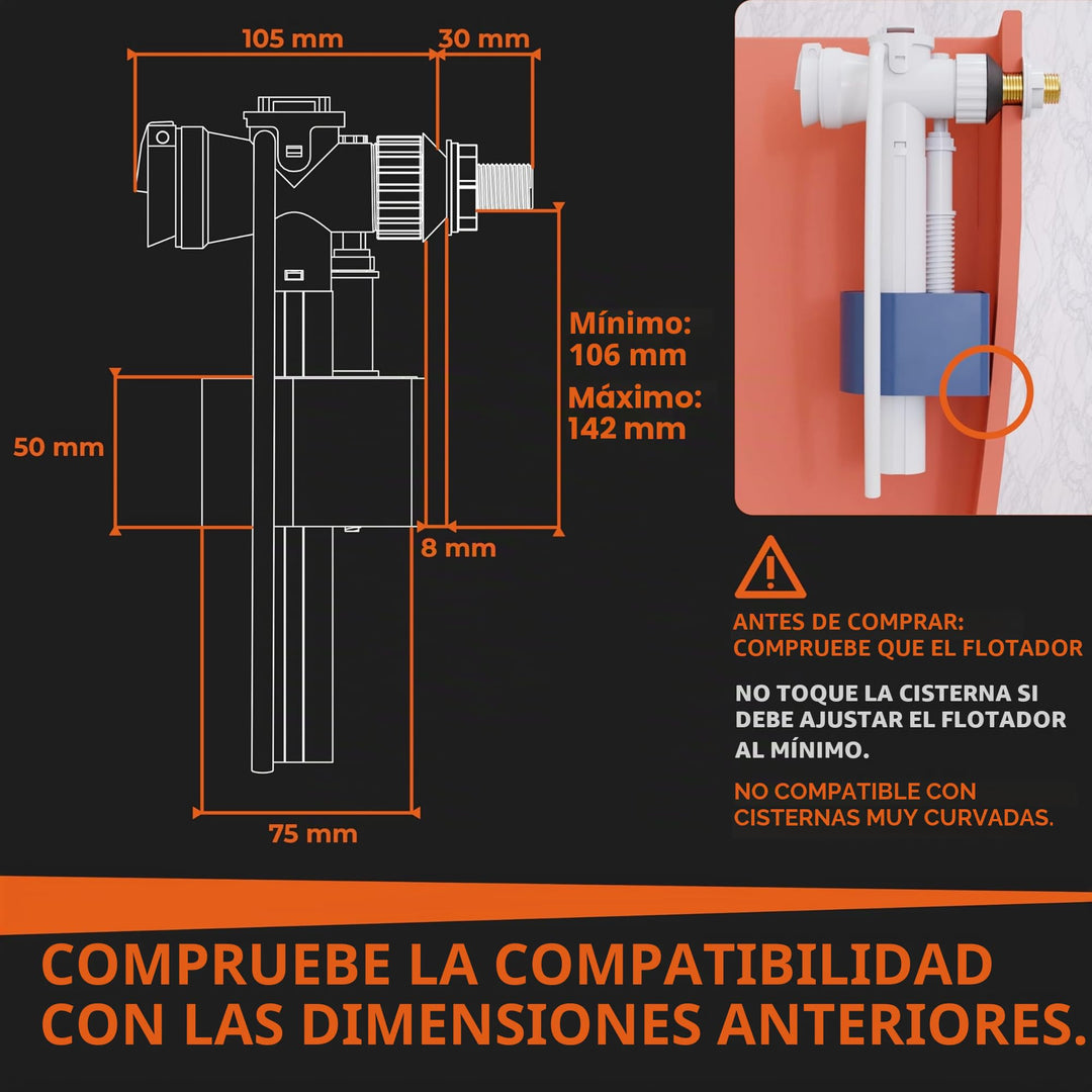Boya Cisterna WC Ultra Rápida (Incluye Junta + Filtro + Instrucciones) – Mecanismo Horizontal con Grifo – Garantía 10 Años