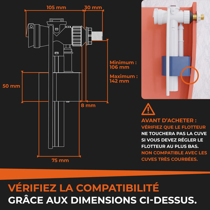 THORVALD Duurzame WC-vlotter - Eenvoudige Installatie - Handleiding + Afdichting + Filter - 10 Jaar Garantie - Horizontaal Vlotterventiel voor Toilet - Controleer Compatibiliteit