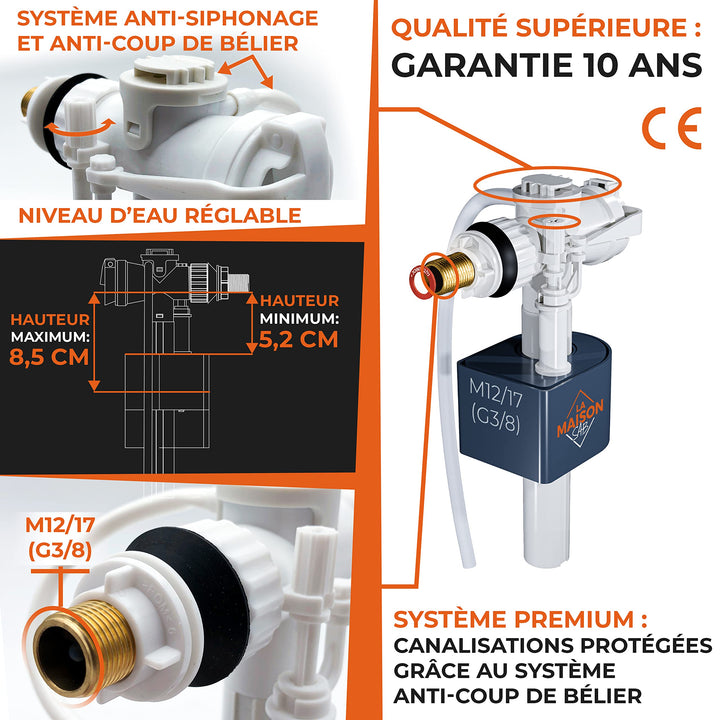 LA MAISON SAB Float Valve: Cistern Replacement Parts, Easy Assembly with Instructions (English language not guaranteed), Cistern Filling Valve, Horizontal Installation, Efficient, Water Saving White