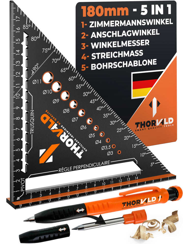 THORVALD Zimmermannswinkel 5-in-1 - Winkelmesser Anschlagwinkel + Tieflochmarker - Aluminiumwinkel mit 180 mm Schenkellänge zum präzisen Anreißen &amp; Zeichnen/Multifunktional Perfekt um Zeit zu sparen