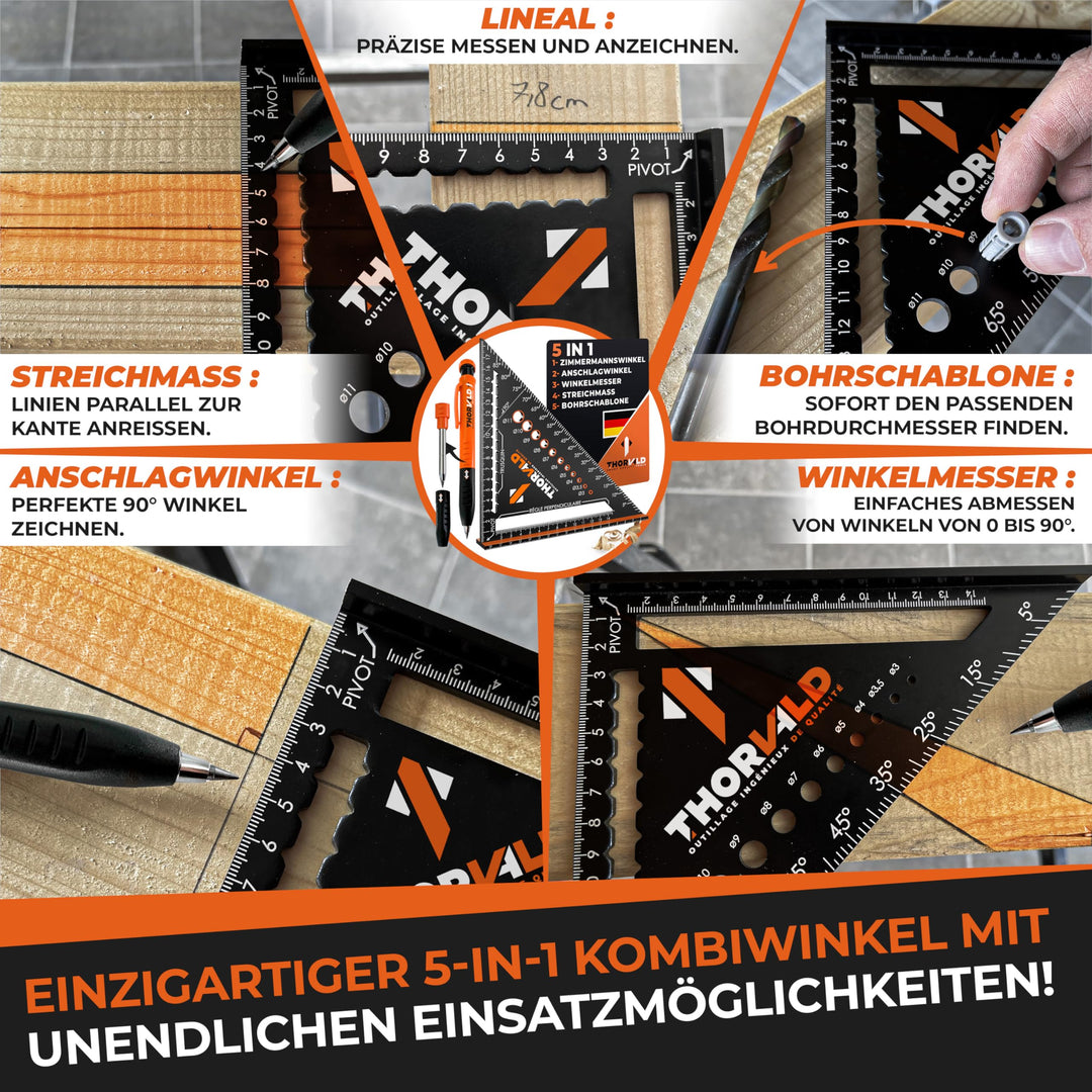 THORVALD Zimmermannswinkel 5-in-1 - Winkelmesser Anschlagwinkel + Tieflochmarker - Aluminiumwinkel mit 180 mm Schenkellänge zum präzisen Anreißen &amp; Zeichnen/Multifunktional Perfekt um Zeit zu sparen