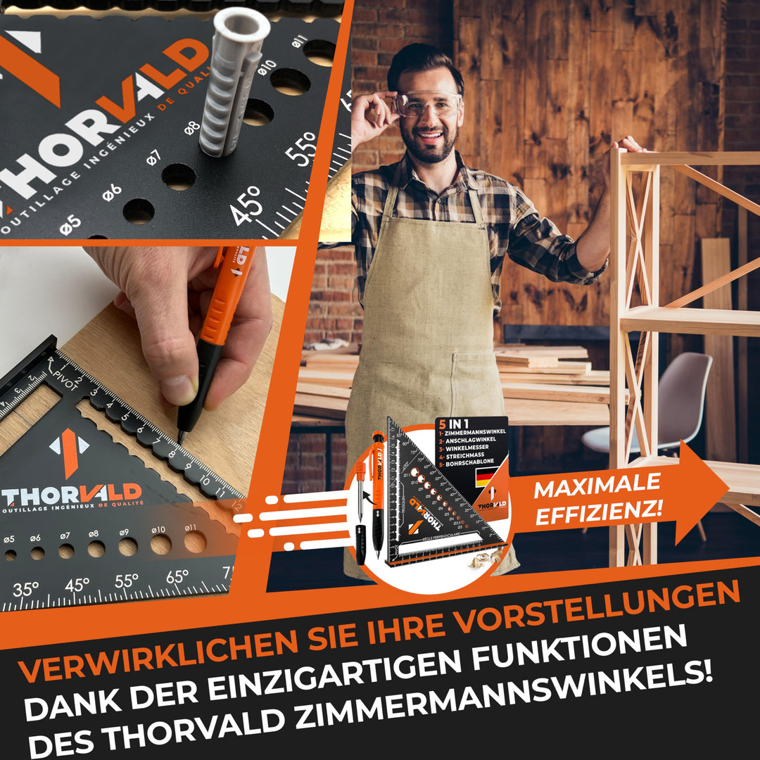 THORVALD Zimmermannswinkel 5-in-1 - Winkelmesser Anschlagwinkel + Tieflochmarker - Aluminiumwinkel mit 180 mm Schenkellänge zum präzisen Anreißen &amp; Zeichnen/Multifunktional Perfekt um Zeit zu sparen