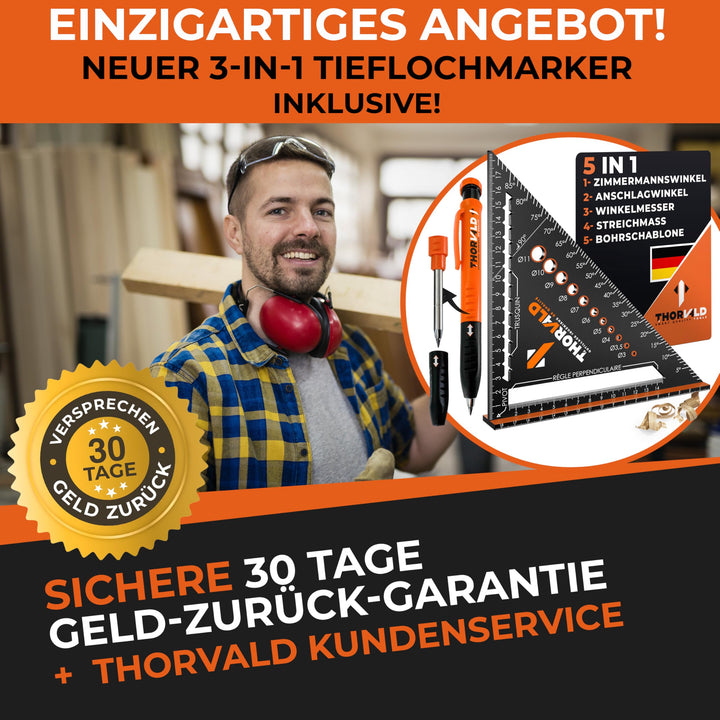 THORVALD Zimmermannswinkel 5-in-1 - Winkelmesser Anschlagwinkel + Tieflochmarker - Aluminiumwinkel mit 180 mm Schenkellänge zum präzisen Anreißen &amp; Zeichnen/Multifunktional Perfekt um Zeit zu sparen