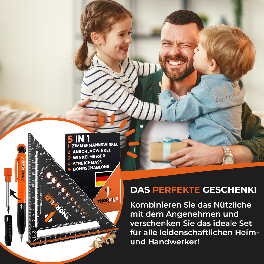 THORVALD Zimmermannswinkel 5-in-1 - Winkelmesser Anschlagwinkel + Tieflochmarker - Aluminiumwinkel mit 180 mm Schenkellänge zum präzisen Anreißen &amp; Zeichnen/Multifunktional Perfekt um Zeit zu sparen