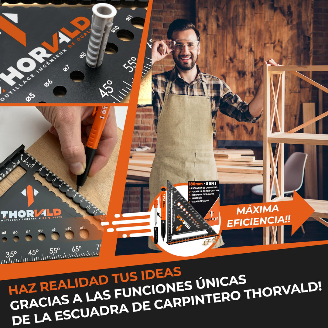 THORVALD 5 en 1 Escuadra Carpintero 180 mm + Lápiz de Obra – Multifunción: Trusquin/Transportador/Plantilla de Perforación/Escuadra de Deslizamiento – Aluminio – Herramienta para Ganar Tiempo