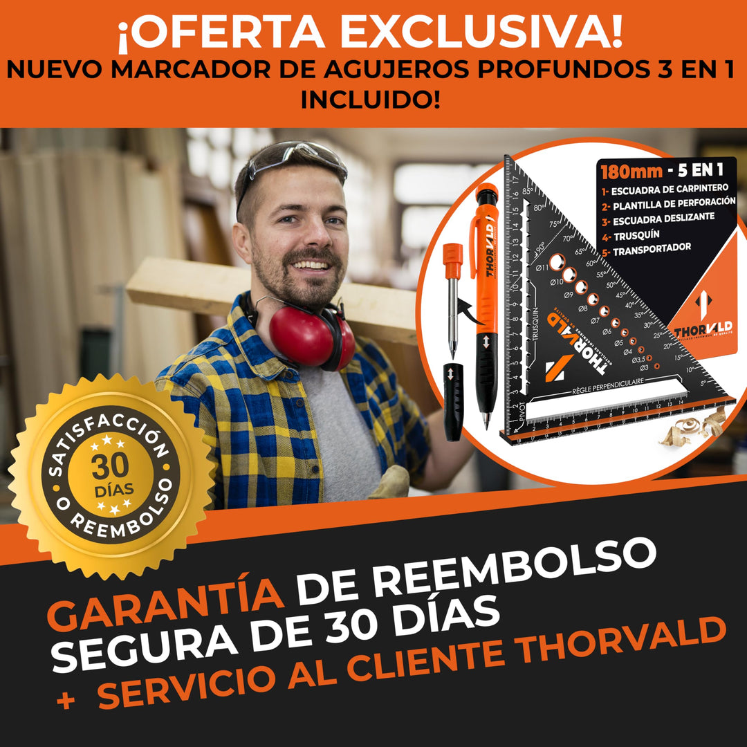THORVALD 5 en 1 Escuadra Carpintero 180 mm + Lápiz de Obra – Multifunción: Trusquin/Transportador/Plantilla de Perforación/Escuadra de Deslizamiento – Aluminio – Herramienta para Ganar Tiempo
