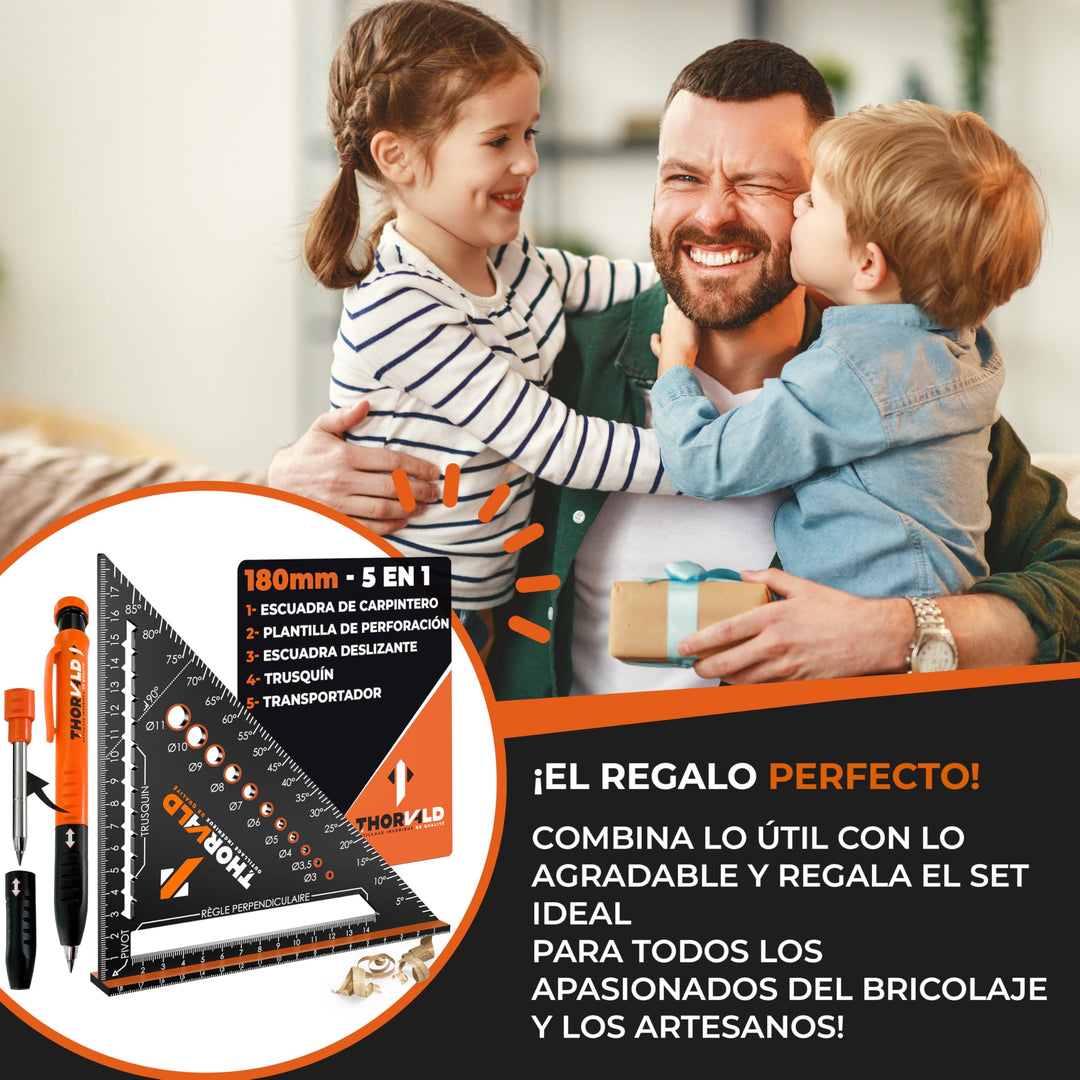 THORVALD 5 en 1 Escuadra Carpintero 180 mm + Lápiz de Obra – Multifunción: Trusquin/Transportador/Plantilla de Perforación/Escuadra de Deslizamiento – Aluminio – Herramienta para Ganar Tiempo