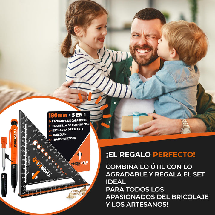 THORVALD 5 en 1 Escuadra Carpintero 180 mm + Lápiz de Obra – Multifunción: Trusquin/Transportador/Plantilla de Perforación/Escuadra de Deslizamiento – Aluminio – Herramienta para Ganar Tiempo