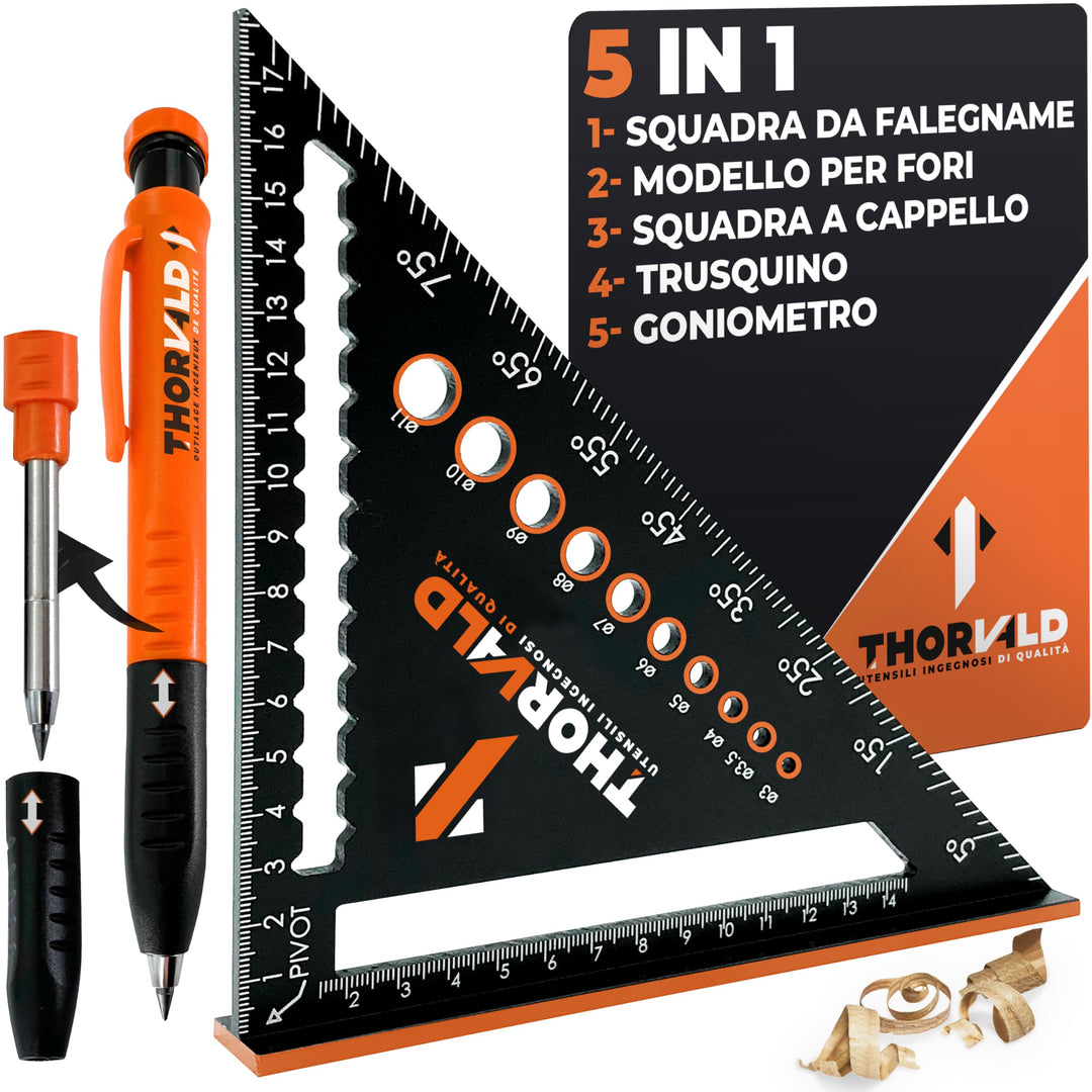 THORVALD Squadra da Falegname MULTIFUNZIONE 180 mm [+PORTA MINE +ISTRUZIONI] Metallo Righello Trusquino Goniometro Angoli 45-90°/Attrezzi da Lavoro/Guida per Tracciatura Falegnameria Utensili