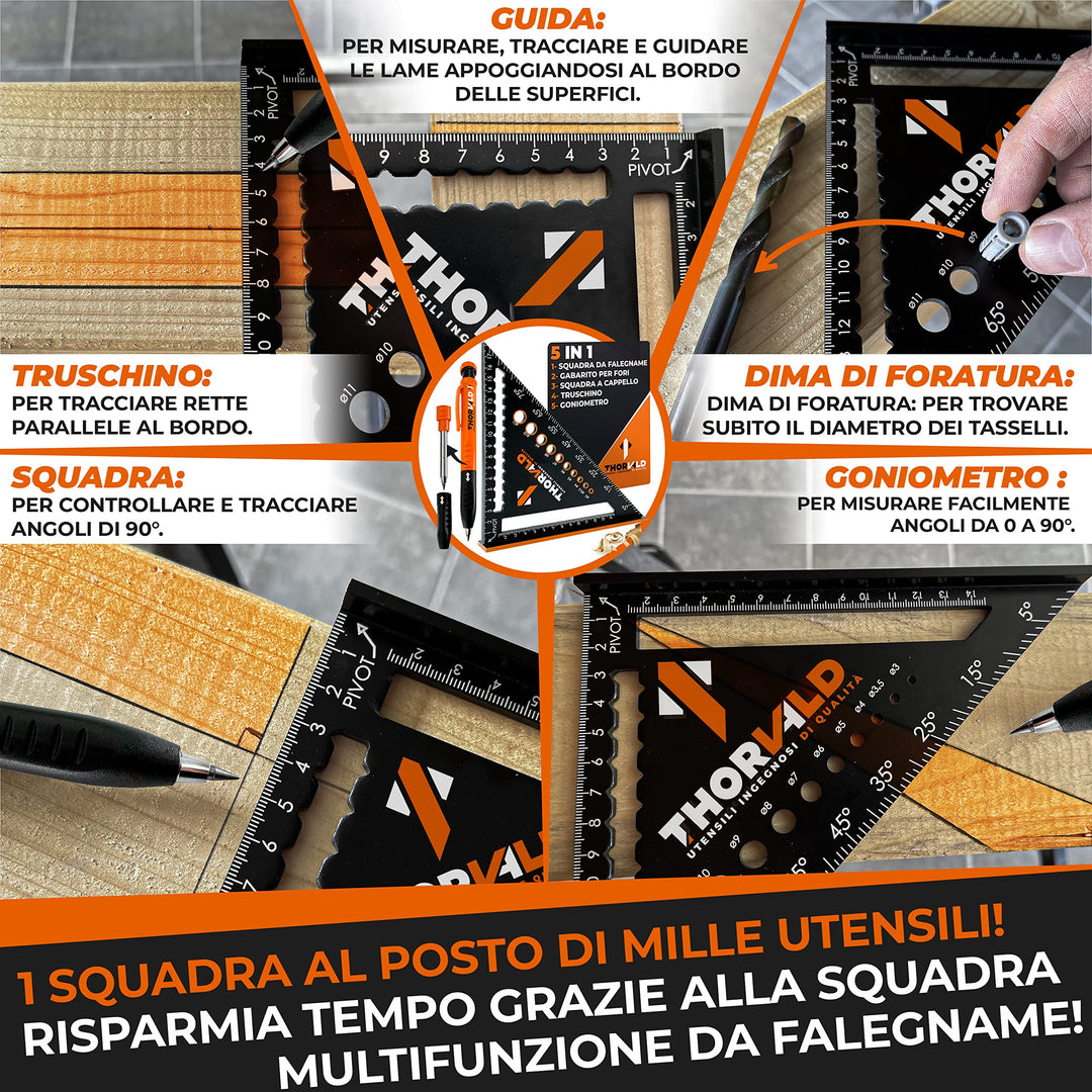 THORVALD Squadra da Falegname MULTIFUNZIONE 180 mm [+PORTA MINE +ISTRUZIONI] Metallo Righello Trusquino Goniometro Angoli 45-90°/Attrezzi da Lavoro/Guida per Tracciatura Falegnameria Utensili