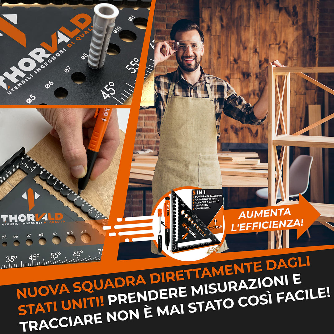 THORVALD Squadra da Falegname MULTIFUNZIONE 180 mm [+PORTA MINE +ISTRUZIONI] Metallo Righello Trusquino Goniometro Angoli 45-90°/Attrezzi da Lavoro/Guida per Tracciatura Falegnameria Utensili