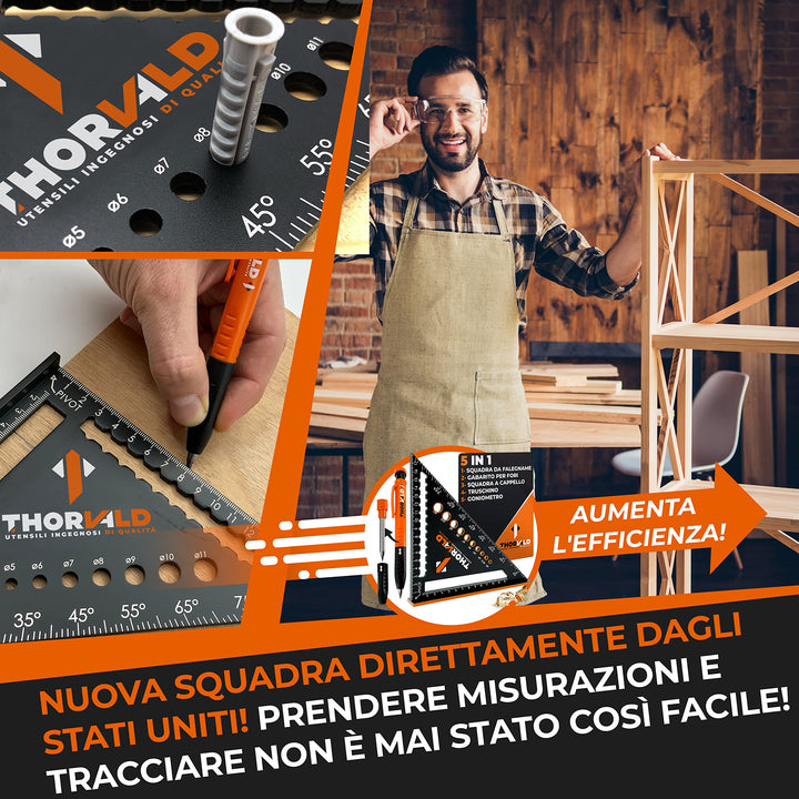 THORVALD Squadra da Falegname MULTIFUNZIONE 180 mm [+PORTA MINE +ISTRUZIONI] Metallo Righello Trusquino Goniometro Angoli 45-90°/Attrezzi da Lavoro/Guida per Tracciatura Falegnameria Utensili