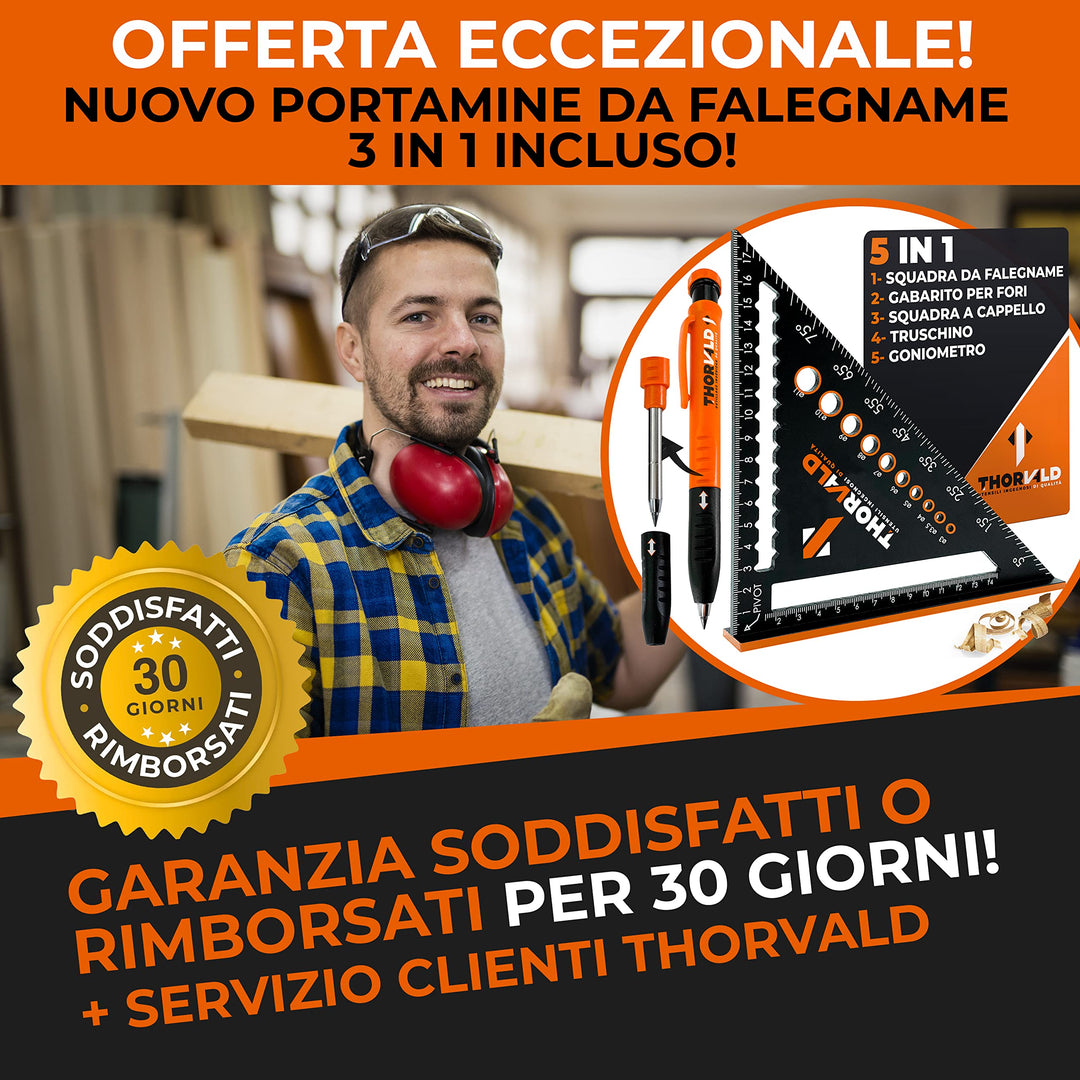 THORVALD Squadra da Falegname MULTIFUNZIONE 180 mm [+PORTA MINE +ISTRUZIONI] Metallo Righello Trusquino Goniometro Angoli 45-90°/Attrezzi da Lavoro/Guida per Tracciatura Falegnameria Utensili