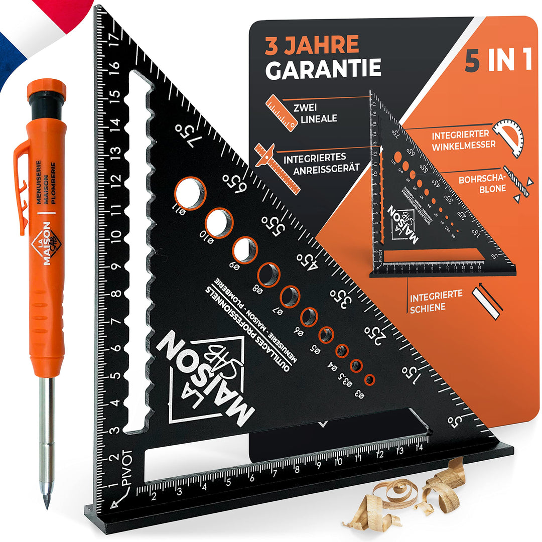 THORVALD 5-in-1 Timmermanswinkel 180 mm + Timmermanspotlood — Multifunctioneel: Aanstrijker/Gradenboog/Boorsjabloon/Winkelhaak — Aluminium
