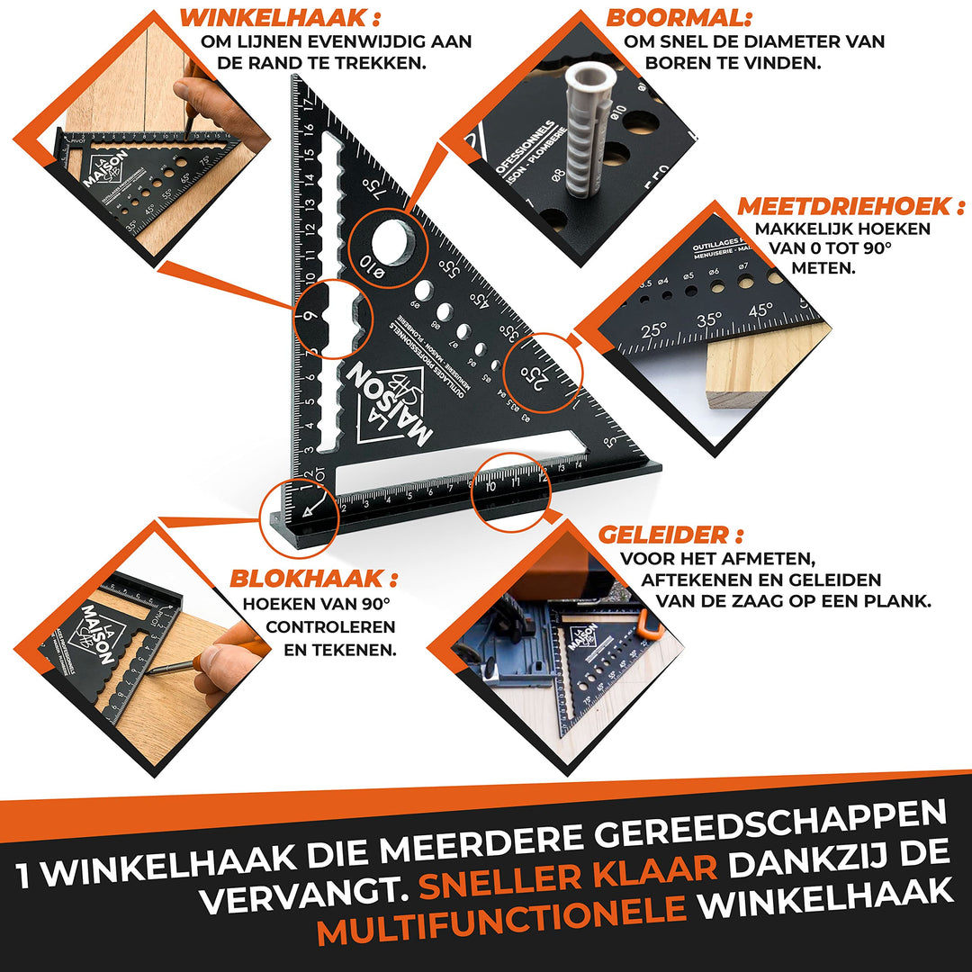THORVALD 5-in-1 Timmermanswinkel 180 mm + Timmermanspotlood — Multifunctioneel: Aanstrijker/Gradenboog/Boorsjabloon/Winkelhaak — Aluminium