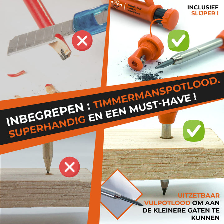 THORVALD 5-in-1 Timmermanswinkel 180 mm + Timmermanspotlood — Multifunctioneel: Aanstrijker/Gradenboog/Boorsjabloon/Winkelhaak — Aluminium