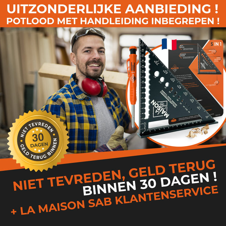 THORVALD 5-in-1 Timmermanswinkel 180 mm + Timmermanspotlood — Multifunctioneel: Aanstrijker/Gradenboog/Boorsjabloon/Winkelhaak — Aluminium