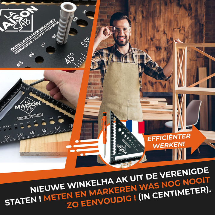 THORVALD 5-in-1 Timmermanswinkel 180 mm + Timmermanspotlood — Multifunctioneel: Aanstrijker/Gradenboog/Boorsjabloon/Winkelhaak — Aluminium