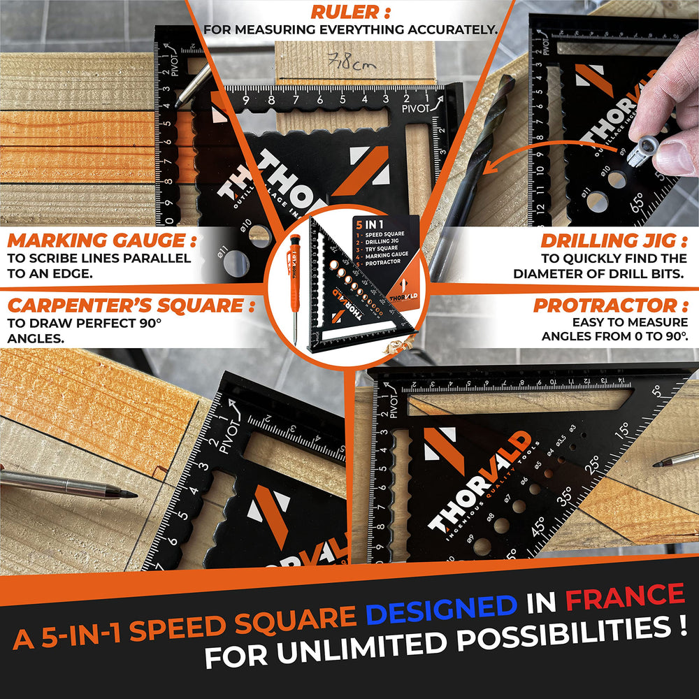 THORVALD 5 in 1 Speed Square 180 mm + Carpenter's Pencil - Multipurpose: Marking Gauge/ Protractor / Drilling Jig / Try Square - Aluminium - Time-Saving Tool