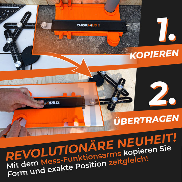 THORVALD Werkzeug Konturenlehre mit Feststeller &amp; Winkelschablone - 25cm Konturlehre Konturen Schablone für Fliesen, Parkett, Laminat - Inkl. Tieflochmarker + Anleitung - Konturenabnehmer mit Schloss