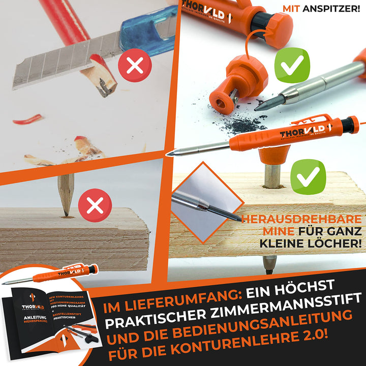 THORVALD Werkzeug Konturenlehre mit Feststeller &amp; Winkelschablone - 25cm Konturlehre Konturen Schablone für Fliesen, Parkett, Laminat - Inkl. Tieflochmarker + Anleitung - Konturenabnehmer mit Schloss