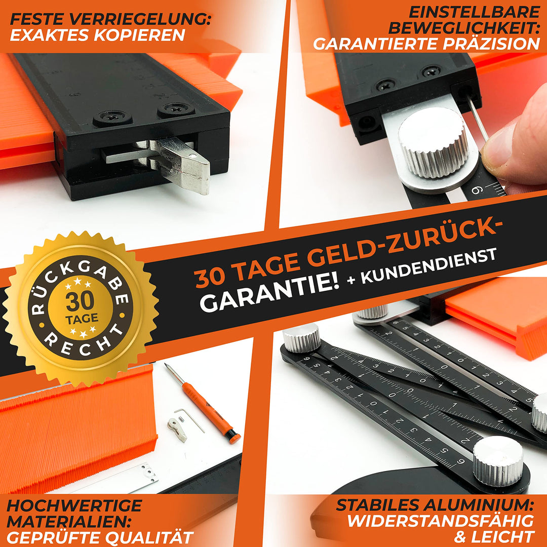THORVALD Werkzeug Konturenlehre mit Feststeller &amp; Winkelschablone - 25cm Konturlehre Konturen Schablone für Fliesen, Parkett, Laminat - Inkl. Tieflochmarker + Anleitung - Konturenabnehmer mit Schloss