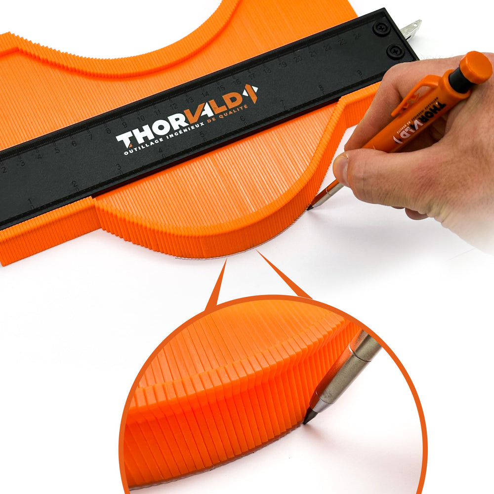 THORVALD Tool Contour Gauge with Lock and Angle Template – 25 cm Contour Gauge Contour Stencil for Tiles, Parquet, Laminate – Includes Deep Hole Marker + Instructions – Contour Pickup with Lock