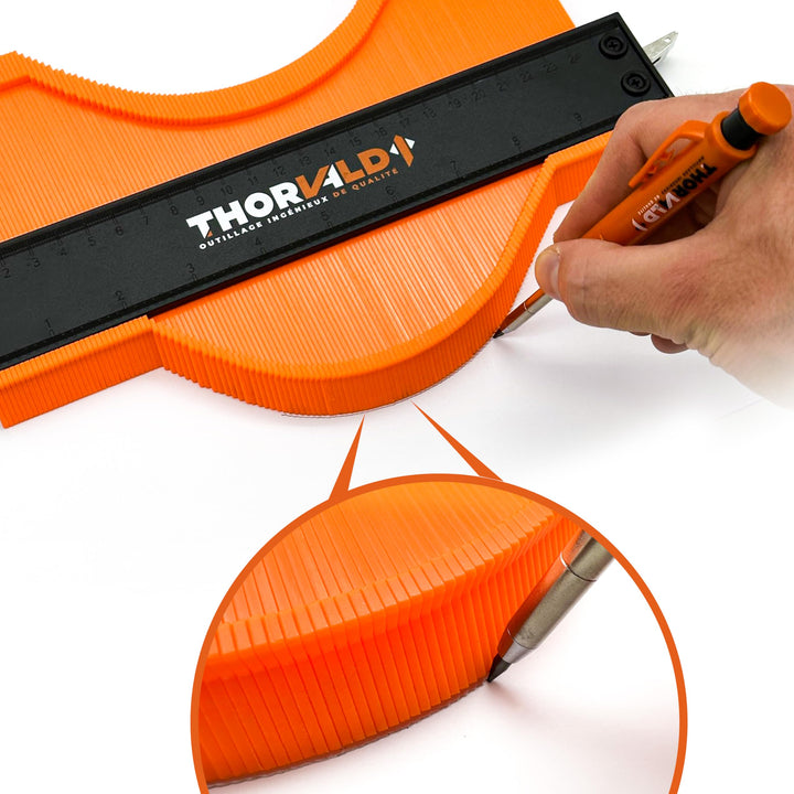 THORVALD Tool Contour Gauge with Lock and Angle Template – 25 cm Contour Gauge Contour Stencil for Tiles, Parquet, Laminate – Includes Deep Hole Marker + Instructions – Contour Pickup with Lock