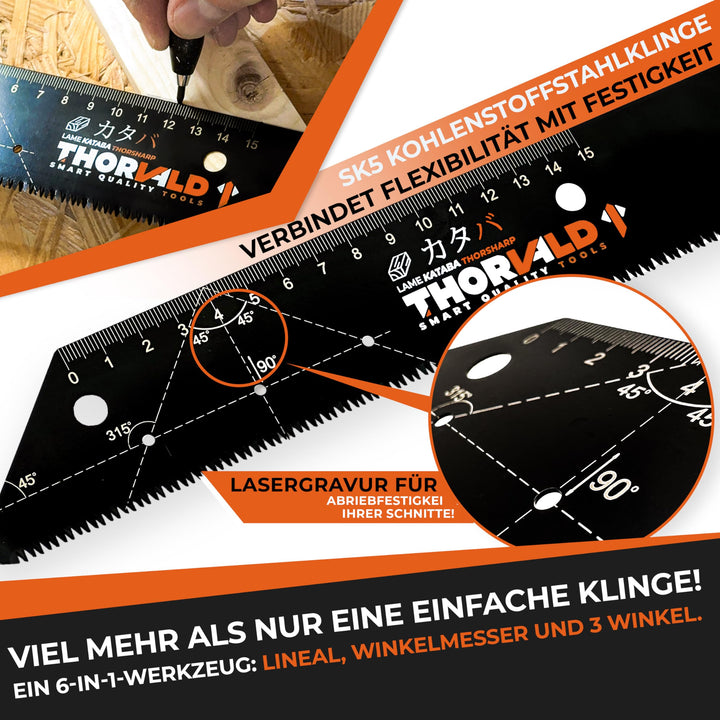 THORVALD Japansäge klappbar 240mm - Inkl. Tieflochmarker - Hochpräzise Profi Handsäge Holz &amp; PVC - Vielseitige Holzsäge Feinsäge Zugsäge Klappsäge Outdoor
