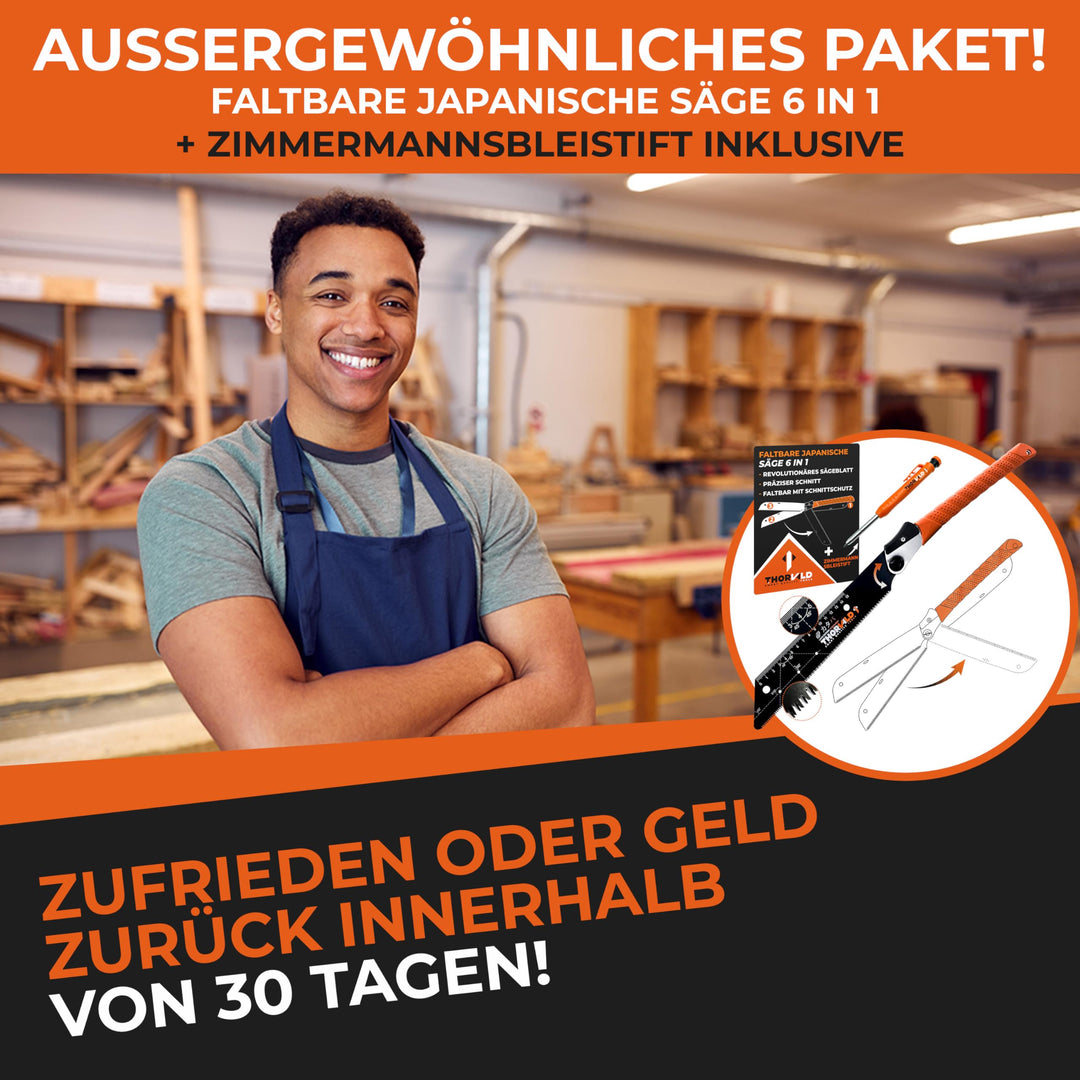 THORVALD Japansäge klappbar 240mm - Inkl. Tieflochmarker - Hochpräzise Profi Handsäge Holz &amp; PVC - Vielseitige Holzsäge Feinsäge Zugsäge Klappsäge Outdoor