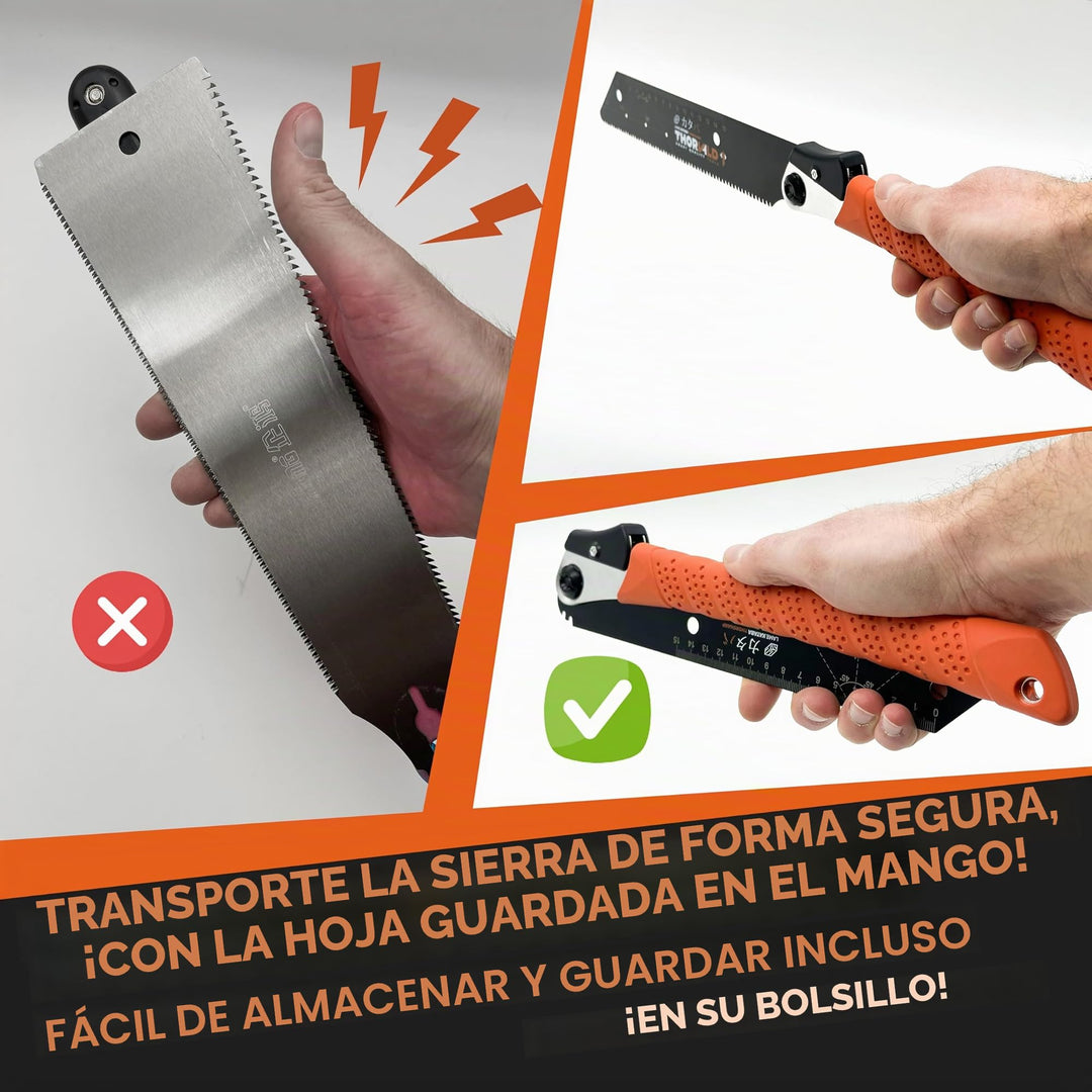 THORVALD Sierra Japonesa Plegable 23 cm - Alta Precisión - Incluye Marcador de Agujeros, Sierra Madera y PVC - Herramienta Profesional