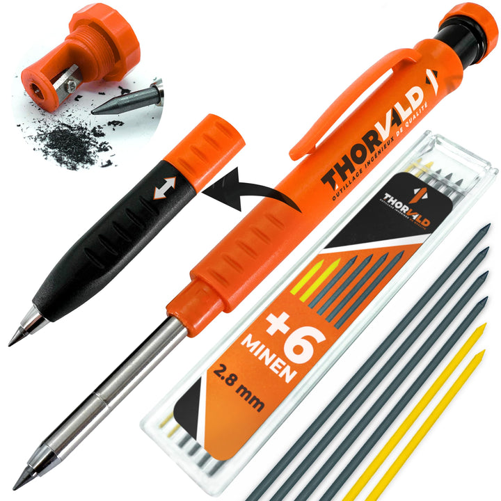 THORVALD Robuster Zimmermannsbleistift mit 7 Minen, Spitzer &amp; Schreibaufsatz – Tieflochmarker Druckbleistift für Handwerker – Perfekt für Baustelle, Holz, Metall &amp; Beton
