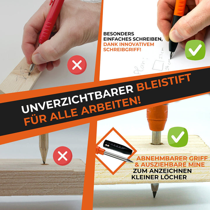 THORVALD Robuster Zimmermannsbleistift mit 7 Minen, Spitzer &amp; Schreibaufsatz – Tieflochmarker Druckbleistift für Handwerker – Perfekt für Baustelle, Holz, Metall &amp; Beton