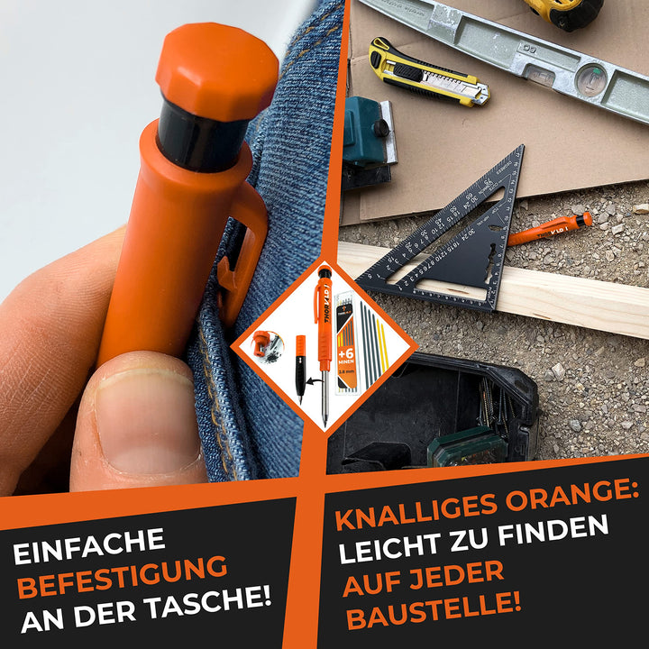 THORVALD Robuster Zimmermannsbleistift mit 7 Minen, Spitzer &amp; Schreibaufsatz – Tieflochmarker Druckbleistift für Handwerker – Perfekt für Baustelle, Holz, Metall &amp; Beton