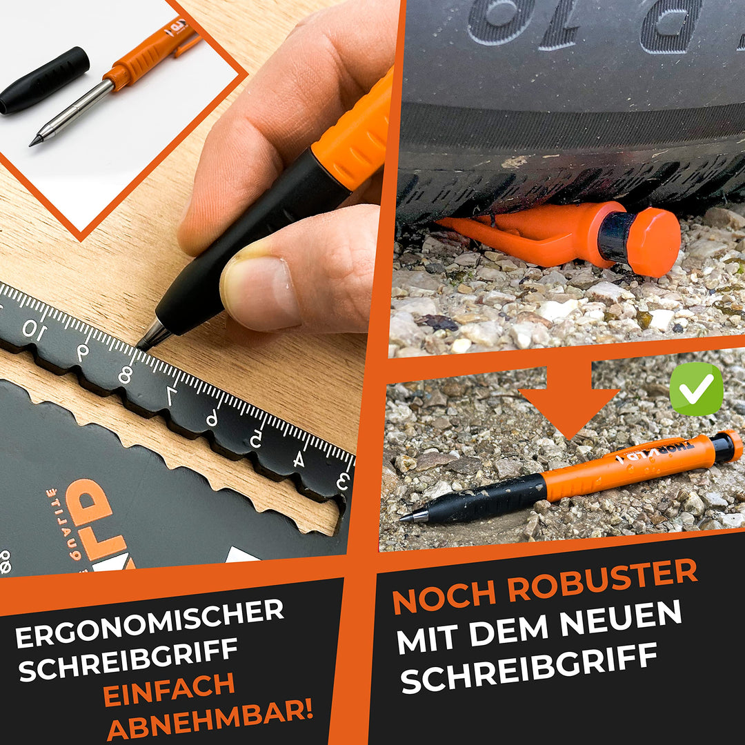 THORVALD Robuster Zimmermannsbleistift mit 7 Minen, Spitzer &amp; Schreibaufsatz – Tieflochmarker Druckbleistift für Handwerker – Perfekt für Baustelle, Holz, Metall &amp; Beton