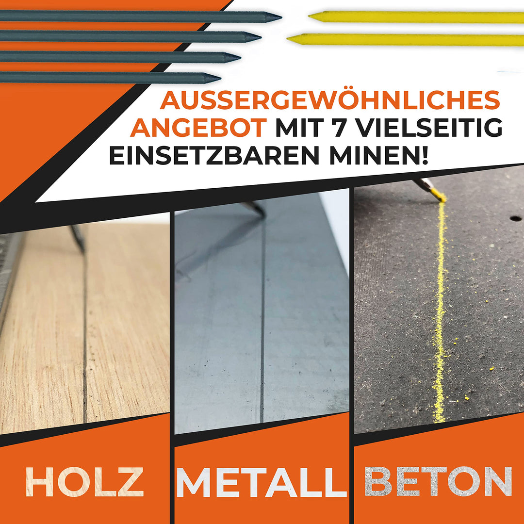 THORVALD Robuster Zimmermannsbleistift mit 7 Minen, Spitzer &amp; Schreibaufsatz – Tieflochmarker Druckbleistift für Handwerker – Perfekt für Baustelle, Holz, Metall &amp; Beton