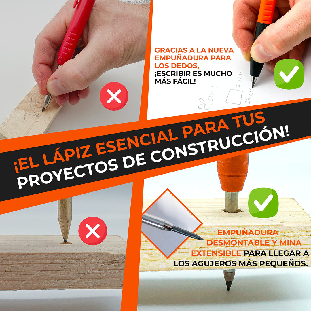 THORVALD Lápiz Carpintero Extensible [+ Sacapuntas + Agarre Ergonómico] – Herramientas de Bricolaje y Carpintería - Lápiz Carpintero Profesional con Punta de Trazar para Madera Hormigón y Baldosas