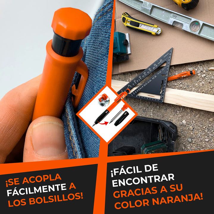THORVALD Lápiz Carpintero Extensible [+ Sacapuntas + Agarre Ergonómico] – Herramientas de Bricolaje y Carpintería - Lápiz Carpintero Profesional con Punta de Trazar para Madera Hormigón y Baldosas