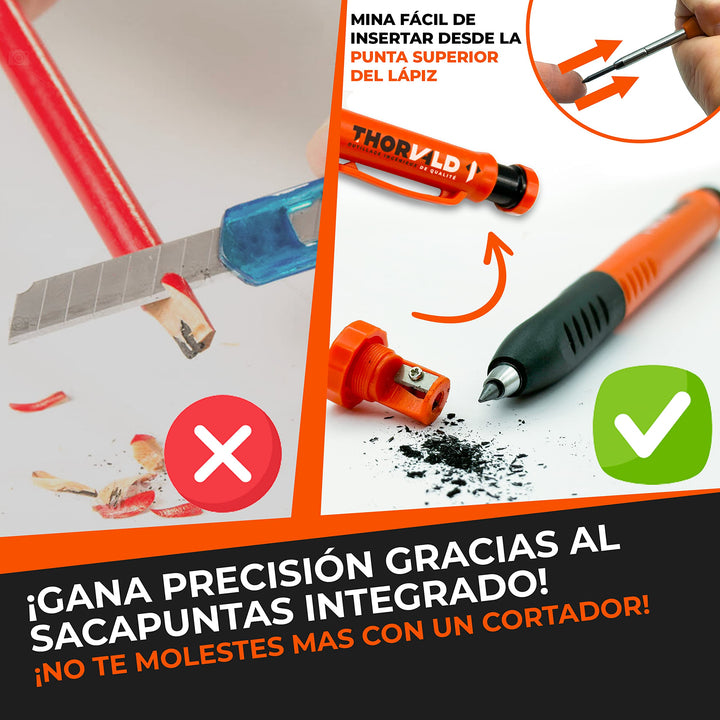 THORVALD Lápiz Carpintero Extensible [+ Sacapuntas + Agarre Ergonómico] – Herramientas de Bricolaje y Carpintería - Lápiz Carpintero Profesional con Punta de Trazar para Madera Hormigón y Baldosas