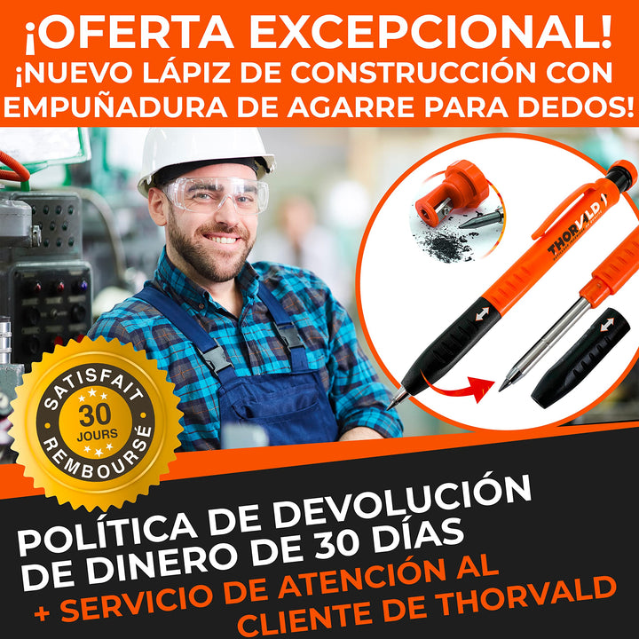 THORVALD Lápiz Carpintero Extensible [+ Sacapuntas + Agarre Ergonómico] – Herramientas de Bricolaje y Carpintería - Lápiz Carpintero Profesional con Punta de Trazar para Madera Hormigón y Baldosas