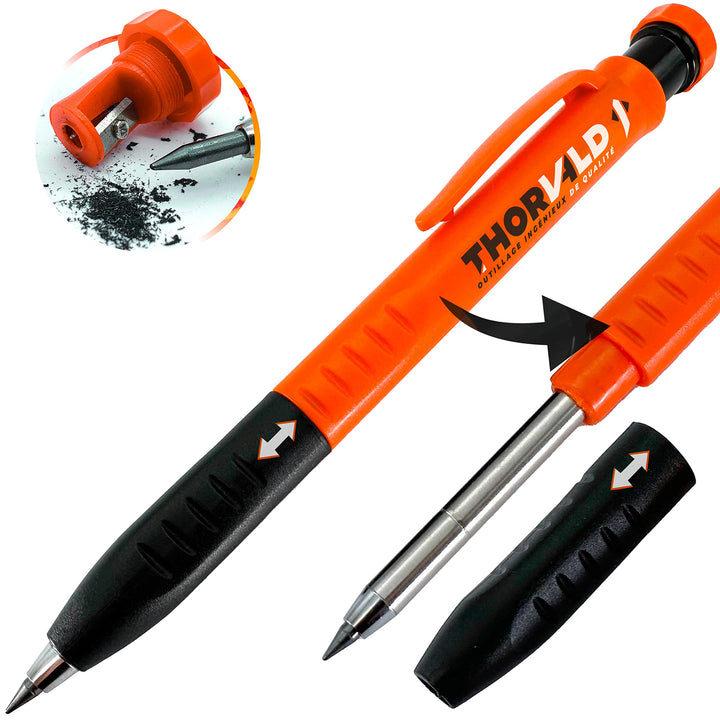 THORVALD Bouwpotlood PRO VERLENGBAAR (+ 7 Navullingen voor Meerdere Oppervlakken + Puntenslijper + Easy-Grip) Diepe Gaten Marker voor Timmerman, Klusjesman, Metaal, Beton, Tegel, Hout