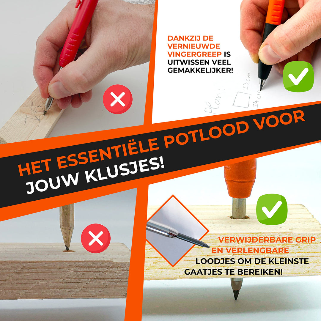 THORVALD Bouwpotlood PRO VERLENGBAAR (+ 7 Navullingen voor Meerdere Oppervlakken + Puntenslijper + Easy-Grip) Diepe Gaten Marker voor Timmerman, Klusjesman, Metaal, Beton, Tegel, Hout