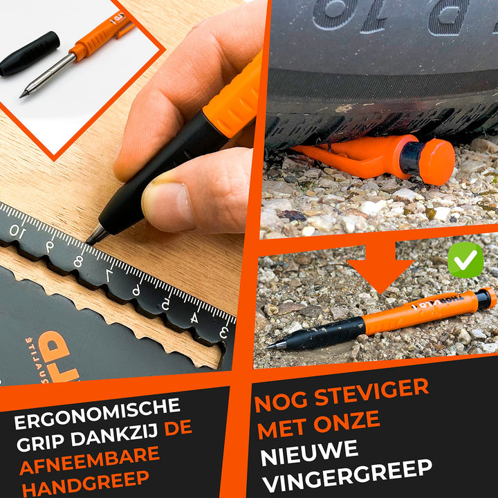 THORVALD Bouwpotlood PRO VERLENGBAAR (+ 7 Navullingen voor Meerdere Oppervlakken + Puntenslijper + Easy-Grip) Diepe Gaten Marker voor Timmerman, Klusjesman, Metaal, Beton, Tegel, Hout
