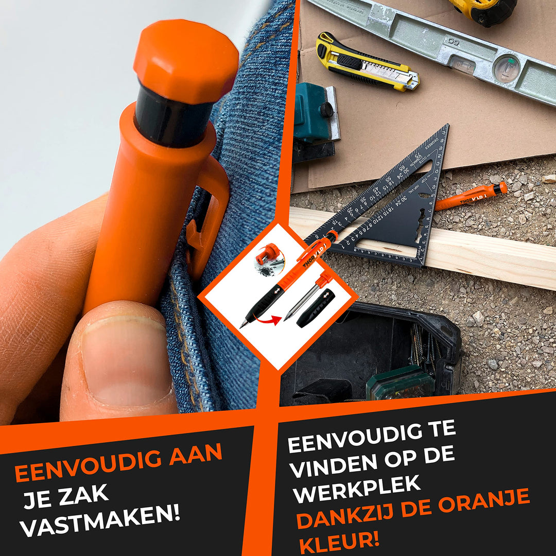 THORVALD Bouwpotlood PRO VERLENGBAAR (+ 7 Navullingen voor Meerdere Oppervlakken + Puntenslijper + Easy-Grip) Diepe Gaten Marker voor Timmerman, Klusjesman, Metaal, Beton, Tegel, Hout