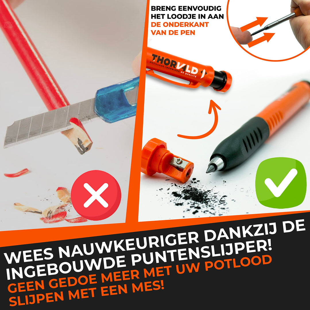 THORVALD Bouwpotlood PRO VERLENGBAAR (+ 7 Navullingen voor Meerdere Oppervlakken + Puntenslijper + Easy-Grip) Diepe Gaten Marker voor Timmerman, Klusjesman, Metaal, Beton, Tegel, Hout