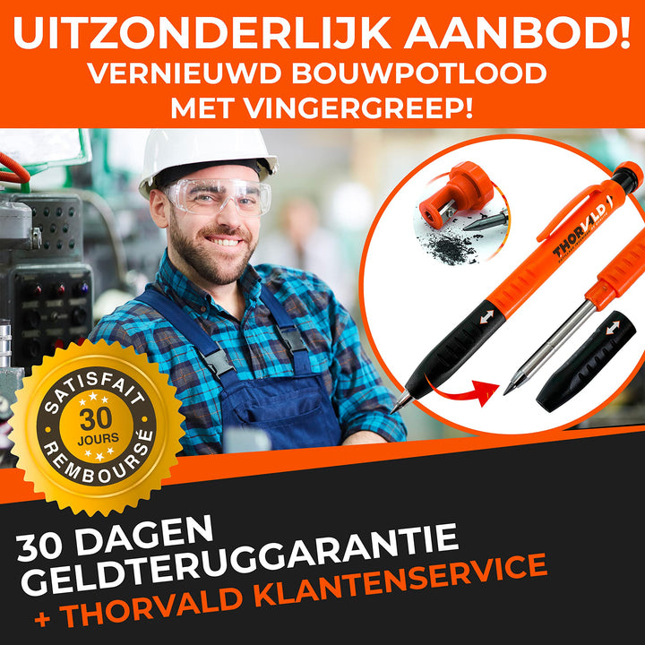 THORVALD Bouwpotlood PRO VERLENGBAAR (+ 7 Navullingen voor Meerdere Oppervlakken + Puntenslijper + Easy-Grip) Diepe Gaten Marker voor Timmerman, Klusjesman, Metaal, Beton, Tegel, Hout